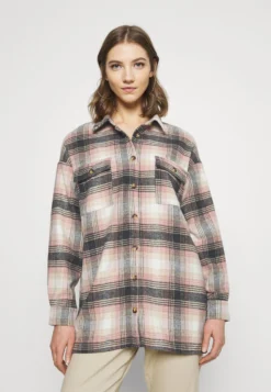 Noisy May Nmflanny Long Shacket - Button-Down Blouse - Bright White/Praline/Prism Pink